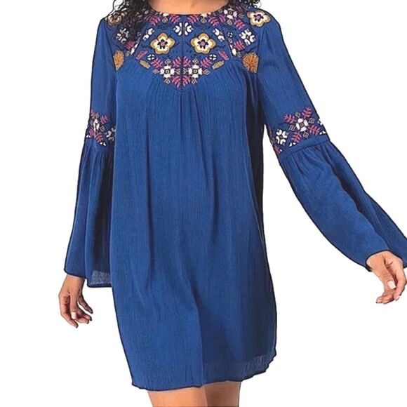 Blue Rain Bell Sleeve Dress Size Small Blue Floral Embroidery Cottage Peasant - Picture 4 of 9